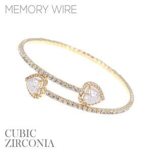 Gold And Rhodium Rhinestone Heart Cz 1 Line Wire Cuff Bracelet